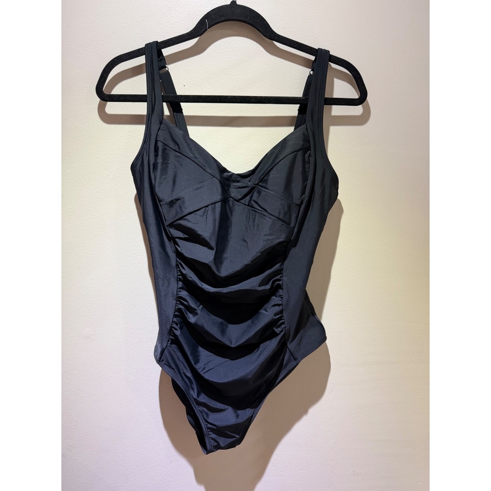 Womens Black Ruched One Piece Swimsuit Crossover V-Neck Adjustable Straps Sz L